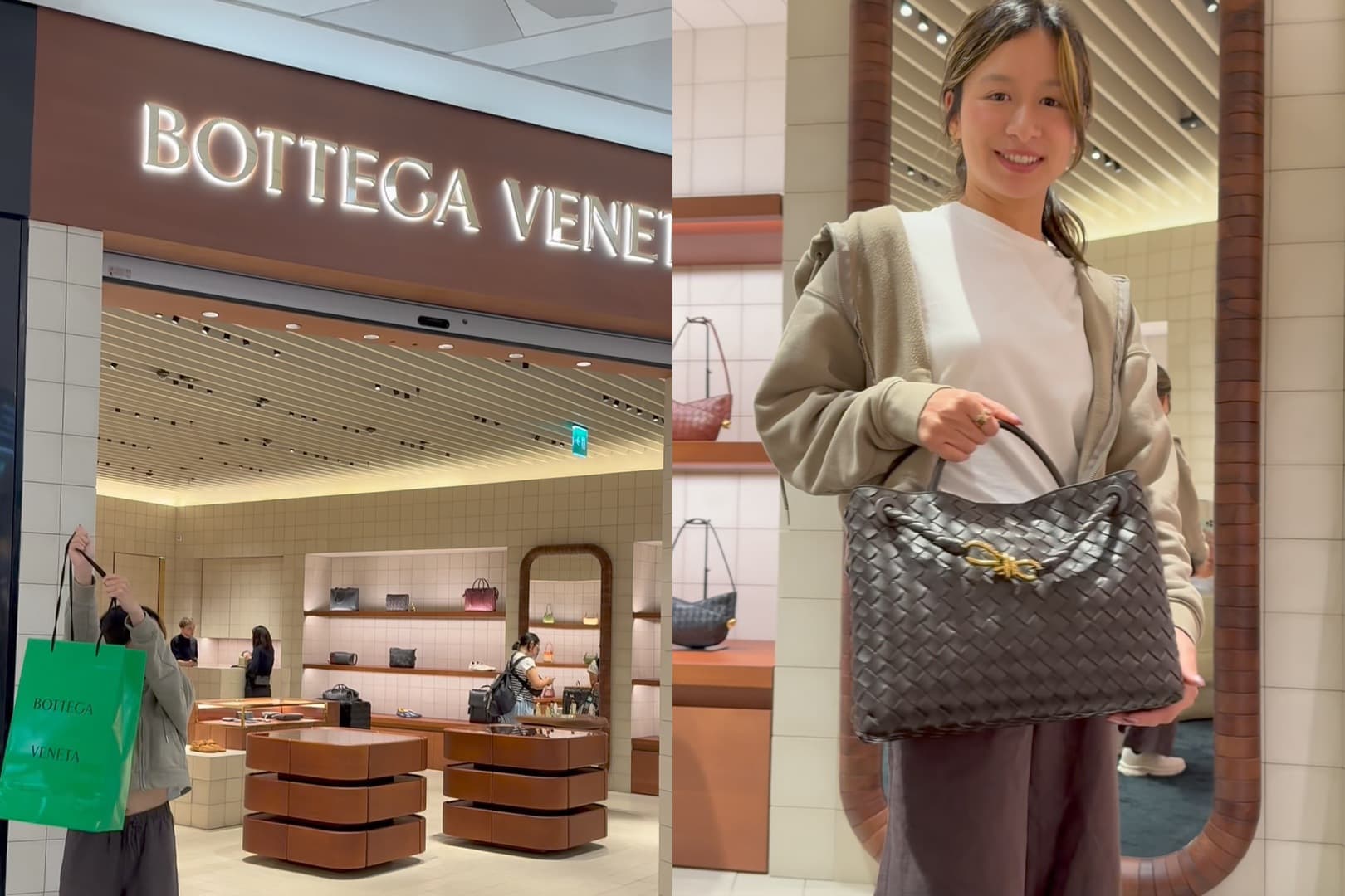 The Bottega Veneta airport boutique, and Eileen holding the Andiamo bag in the store