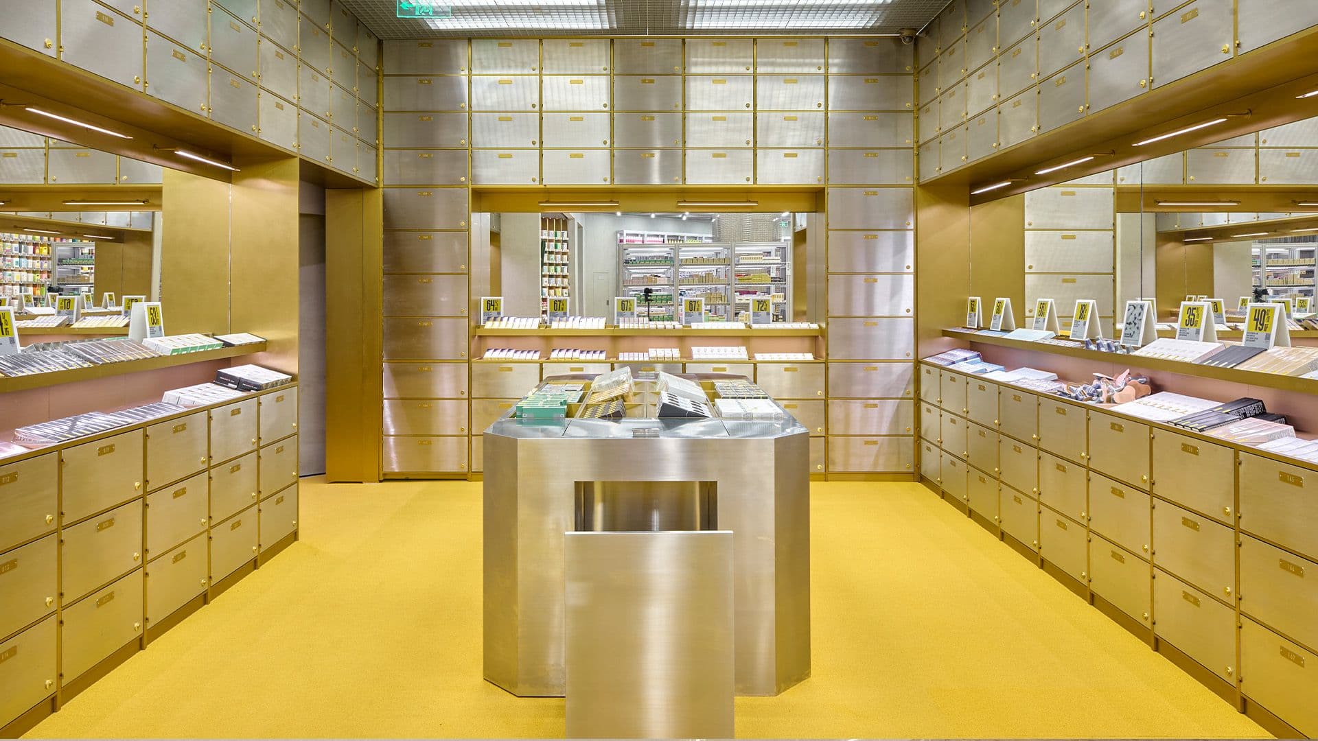Inside a gold-and-steel Harmay beauty store in China