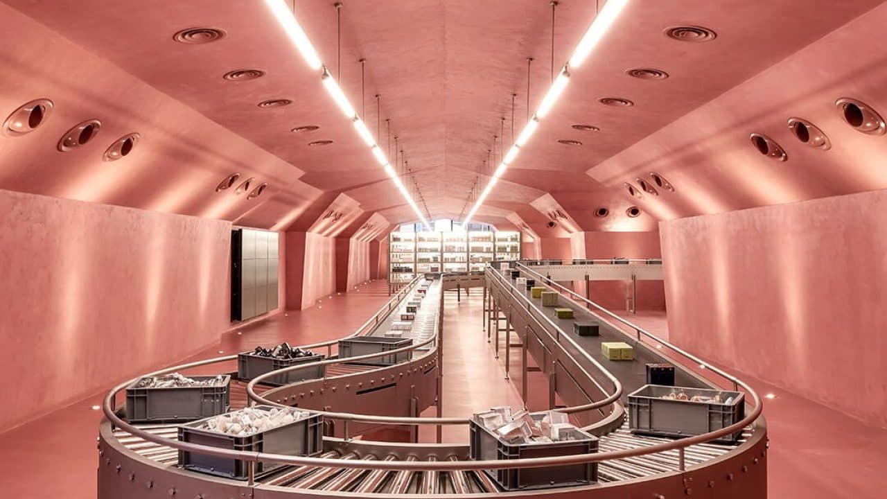 Inside a Harmay store, with a conveyor belt of beauty products