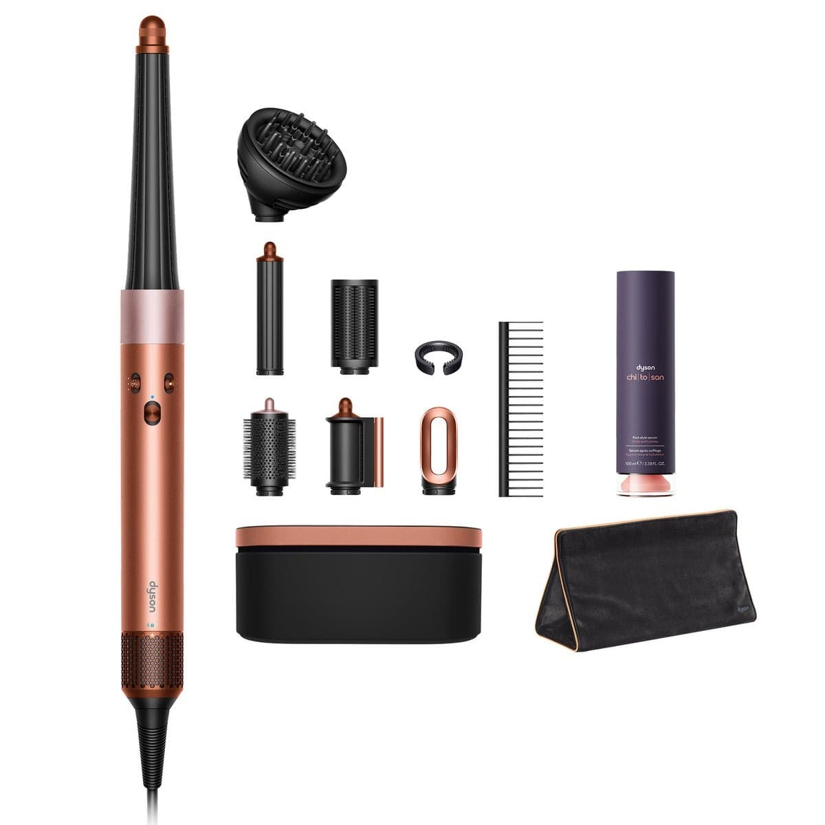 The Dyson Airwrap i.d. with its attachments, serum and travel pouch