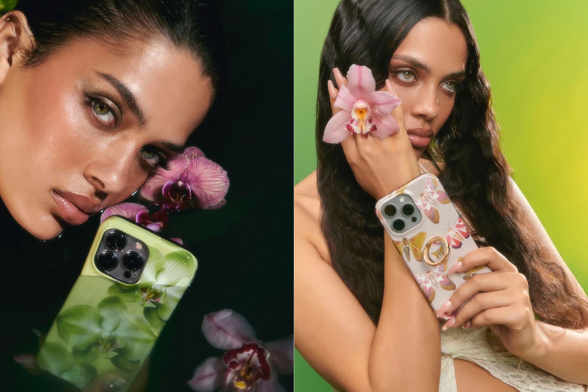 Two models with Burga cases: an orchid case in dark water and a moth-print case with a pink orchid