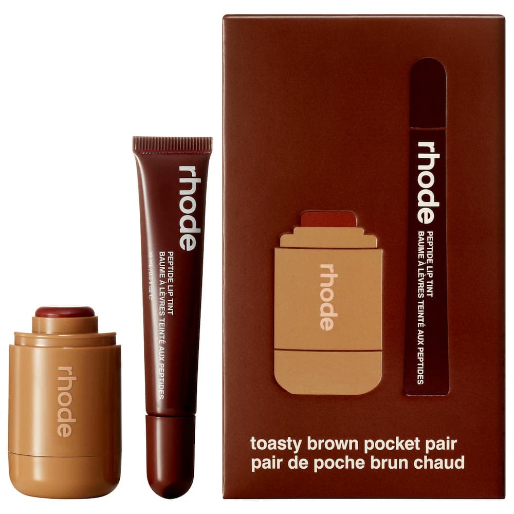 The Rhode toasty brown Pocket Pair box with the pocket blush and peptide lip tint