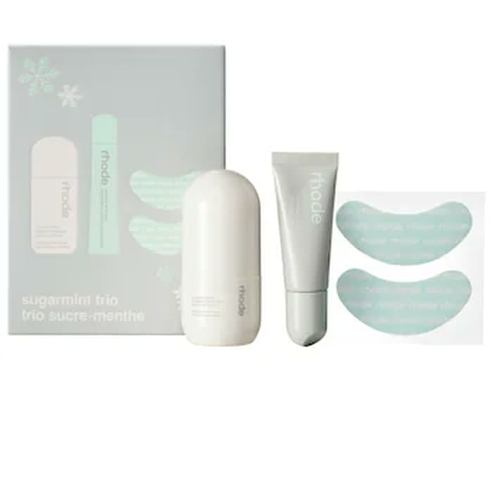 The Rhode Sugarmint Trio box with the mini glazing mist, lip mask and eye patches