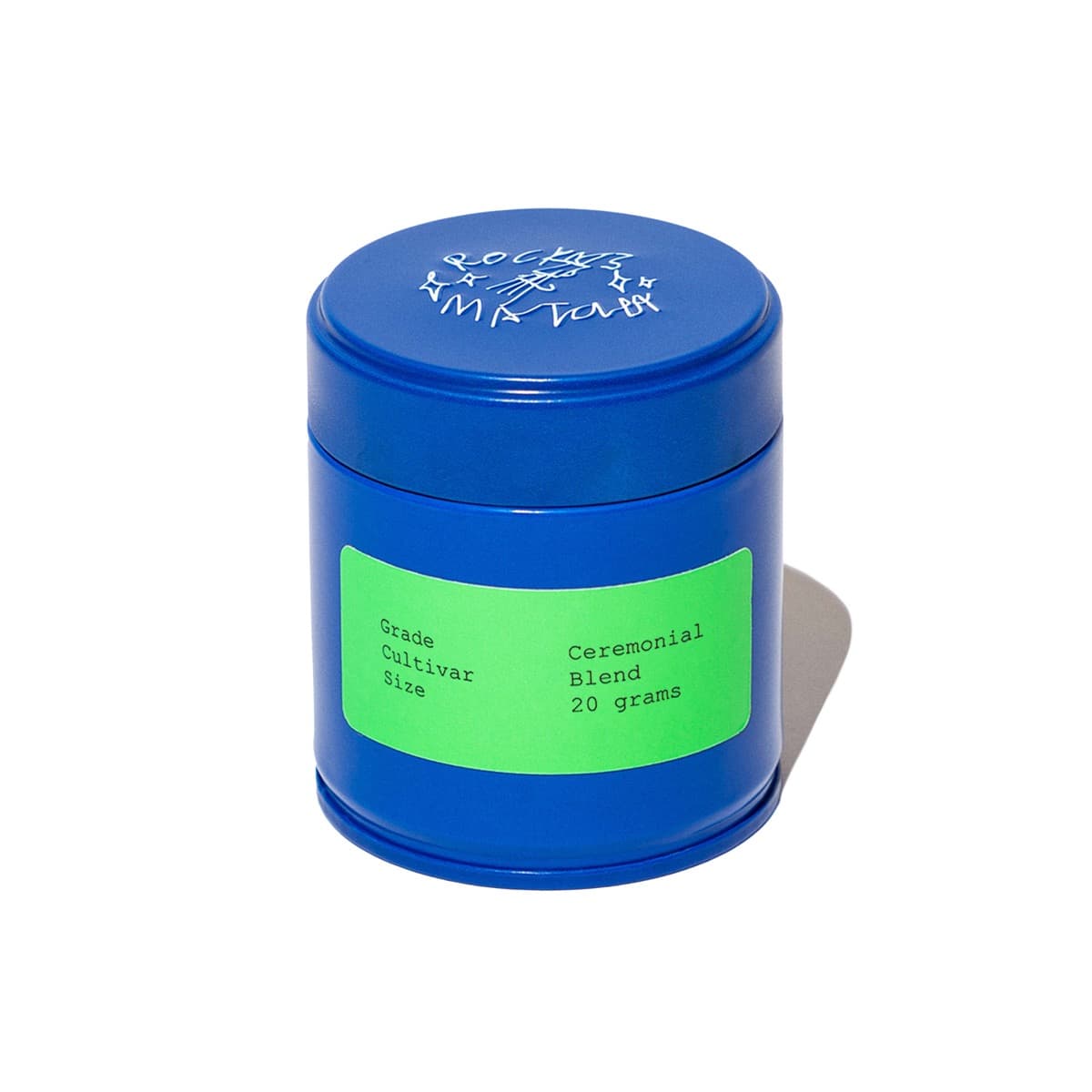 The cobalt blue Rocky's Matcha ceremonial blend tin with a bright green label