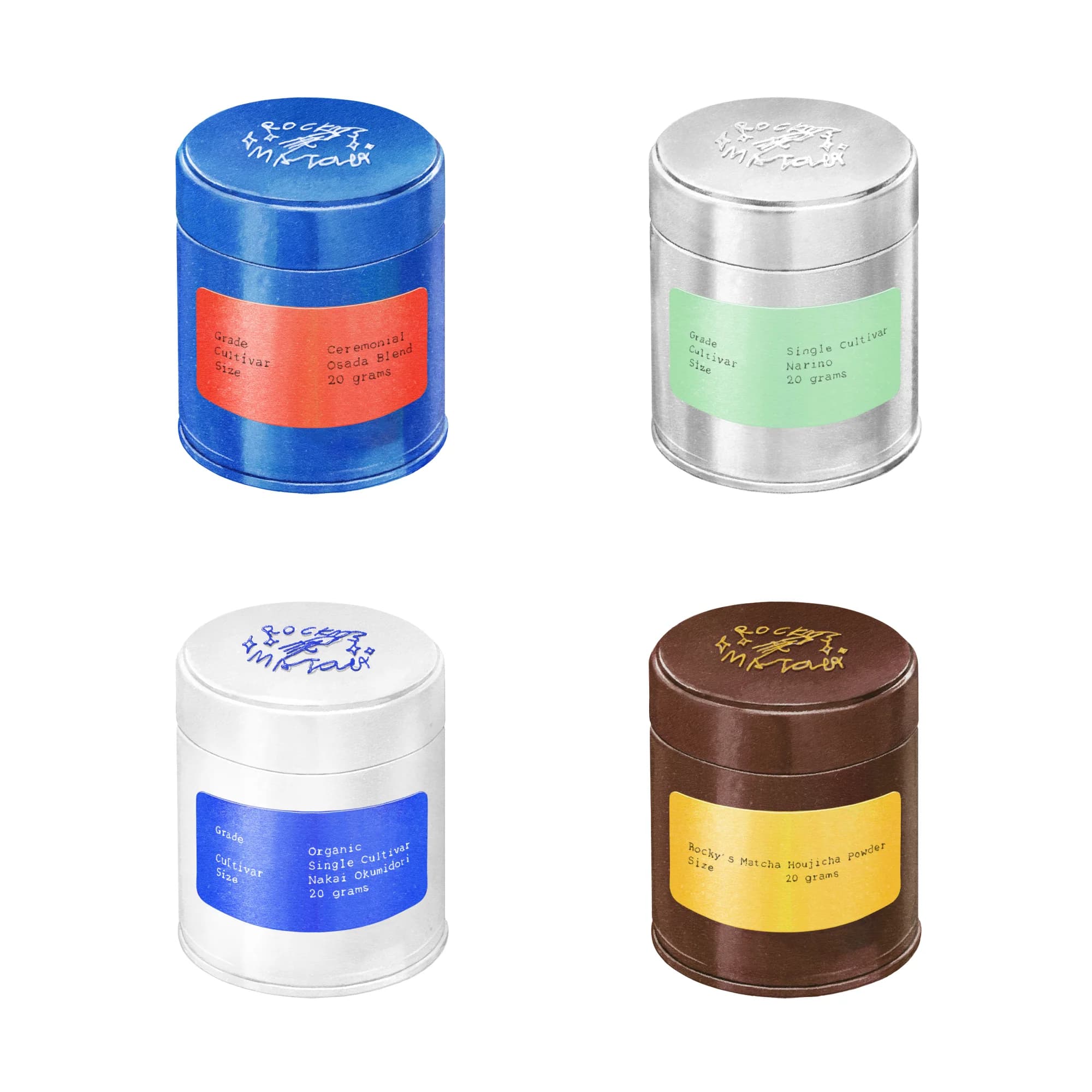 Four Rocky's Matcha tins, each labeled with its own grade, cultivar and blend